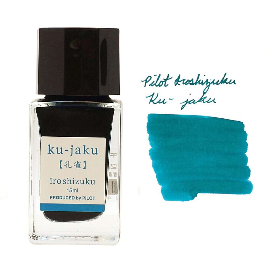 Pilot Iroshizuku Ink Bottle 15ML in Ku-Jaku color with swatch, showcasing vibrant writing ink.