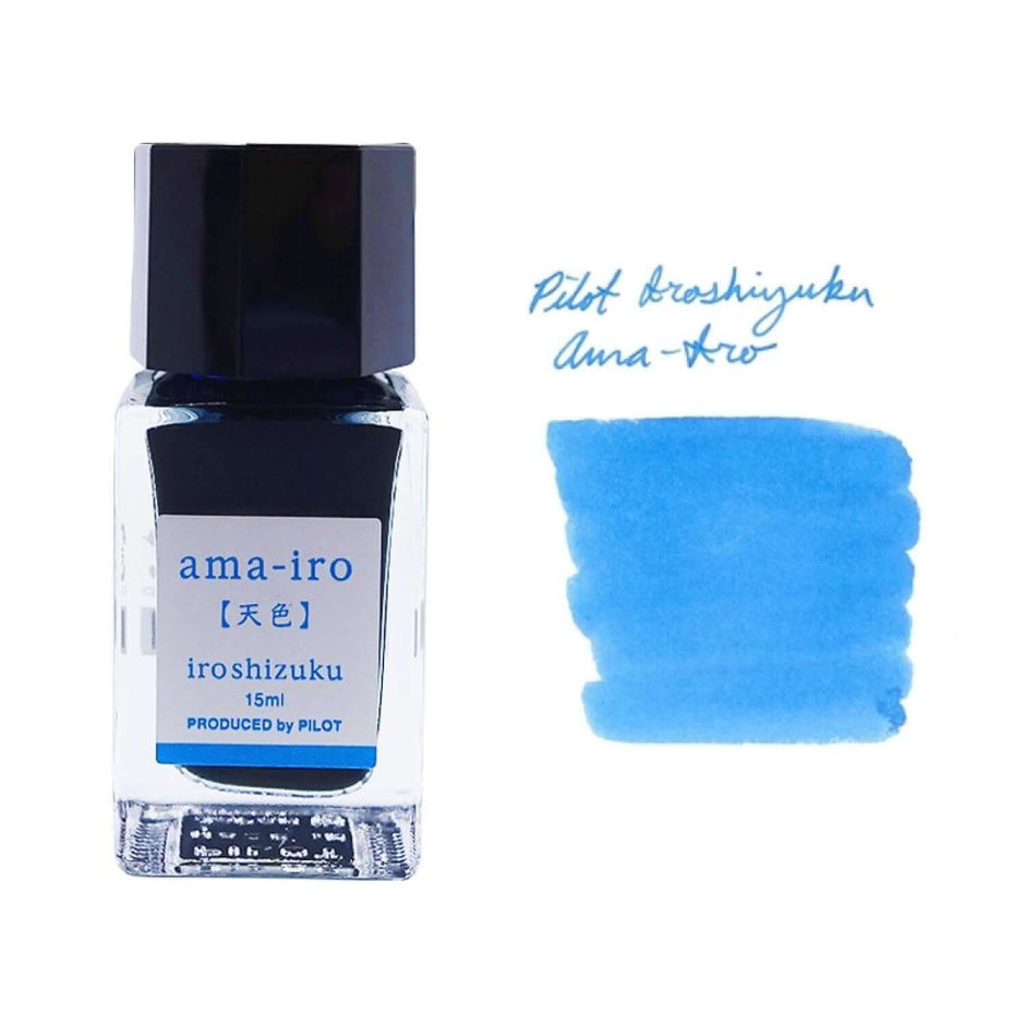 Pilot Iroshizuku Ink Bottle 15ML in ama-iro color with ink swatch on paper.