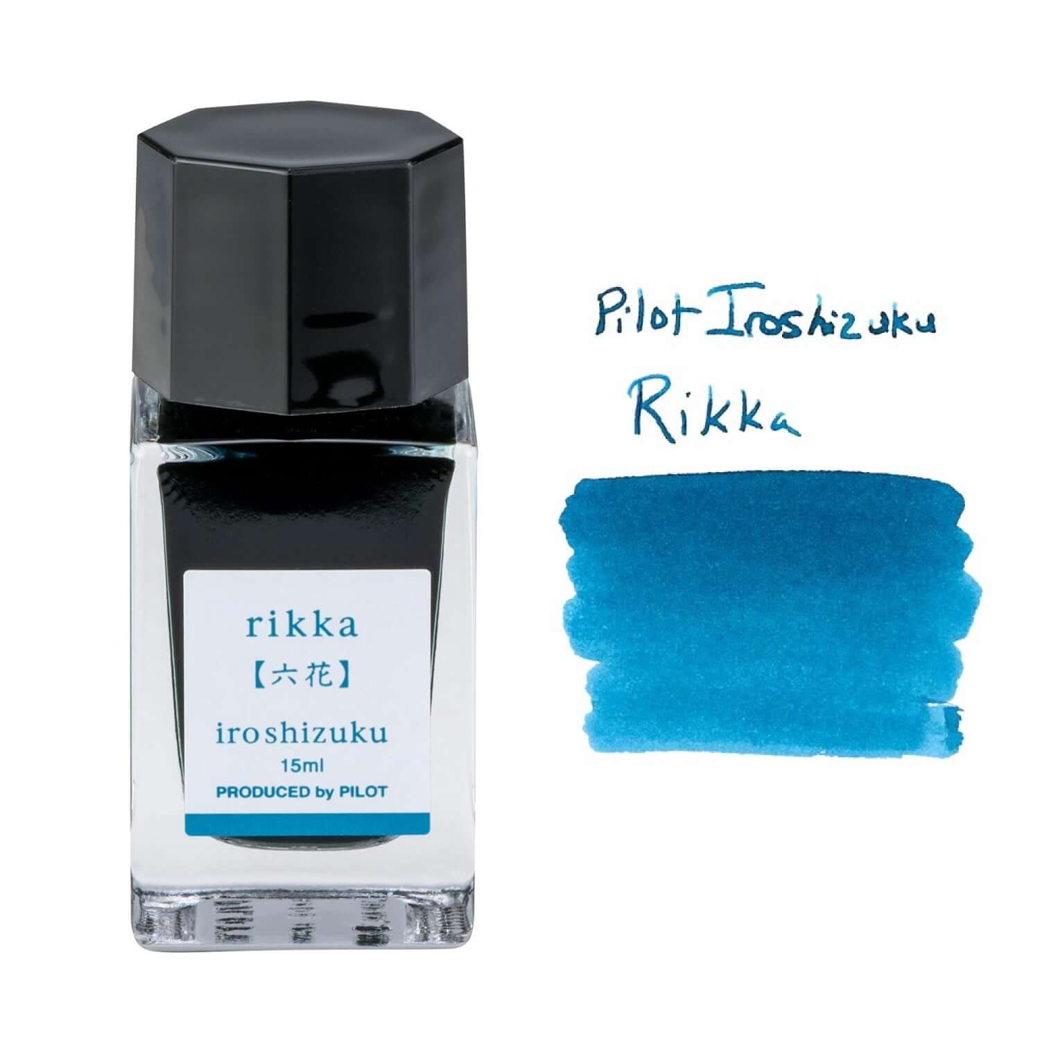 Pilot Iroshizuku Ink Bottle 15ML in Rikka color with vibrant blue swatch, highlighting premium quality ink.