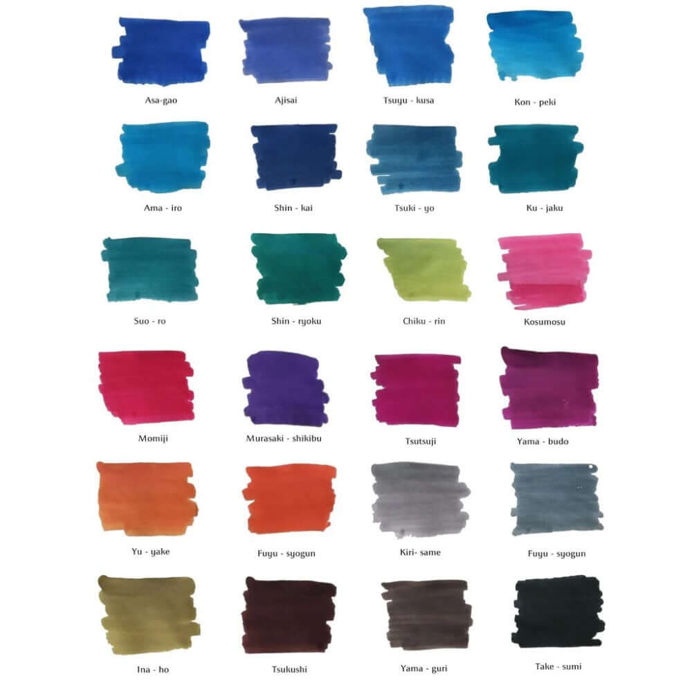 Pilot Iroshizuku Ink Bottle 15ML color swatches showcasing various vibrant ink hues inspired by Japanese landscapes.