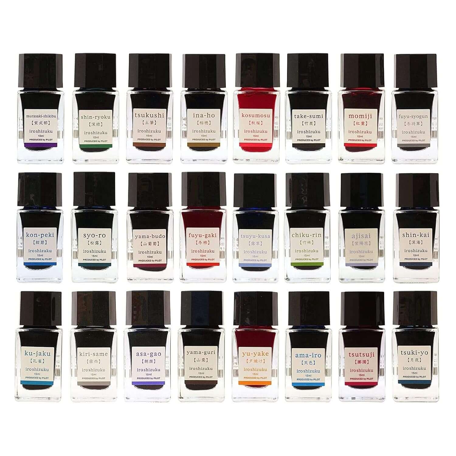 Pilot Iroshizuku Ink Bottle 15ML collection featuring various vibrant ink colors inspired by Japanese landscapes.