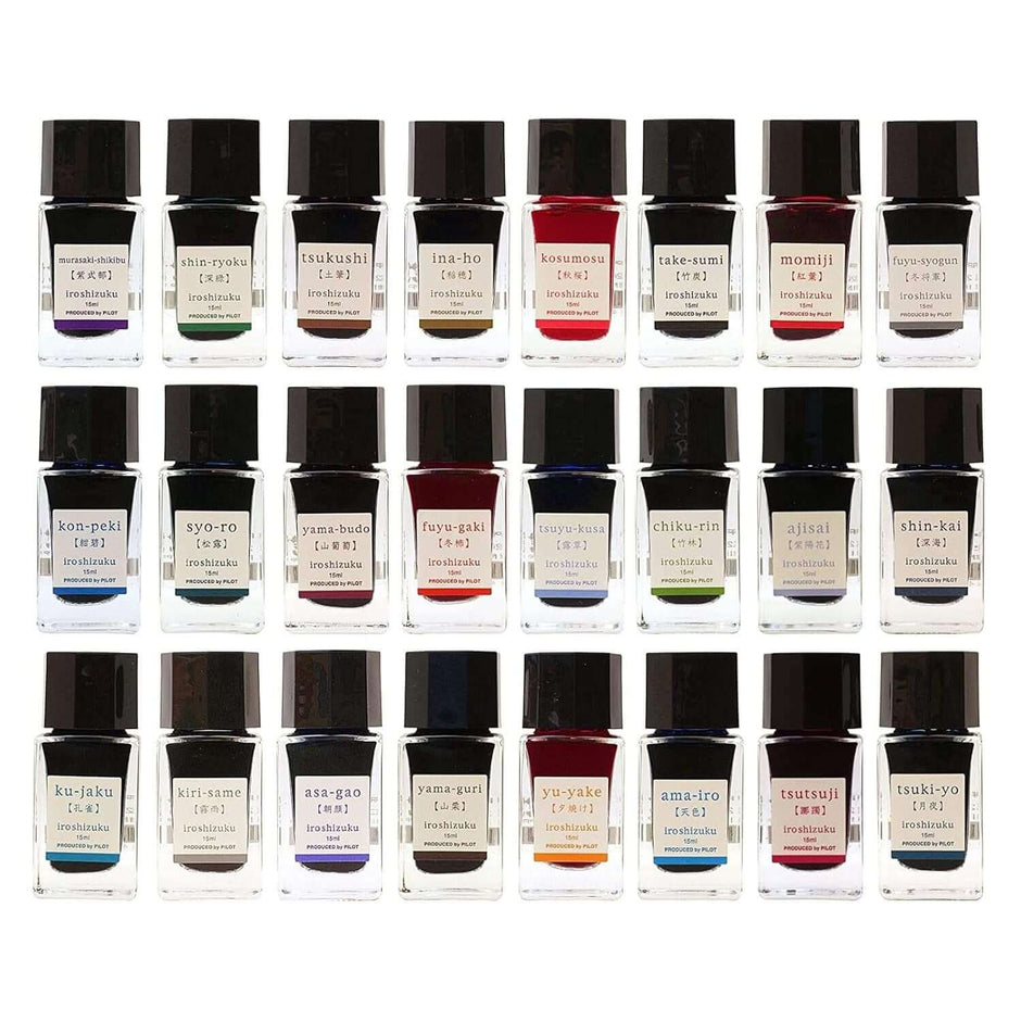 Pilot Iroshizuku Ink Bottle 15ML collection featuring various vibrant ink colors inspired by Japanese landscapes.