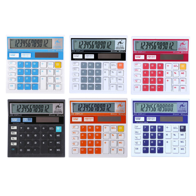 Jito JT-512 12 Digits Desktop Calculator in multiple colors showcasing clear displays and professional features.