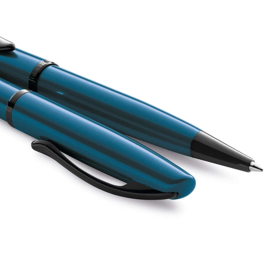 Pelikan Jazz Noble Elegance K36 Aquamarine PVD Ballpoint Pen sitting elegantly with sleek black details.