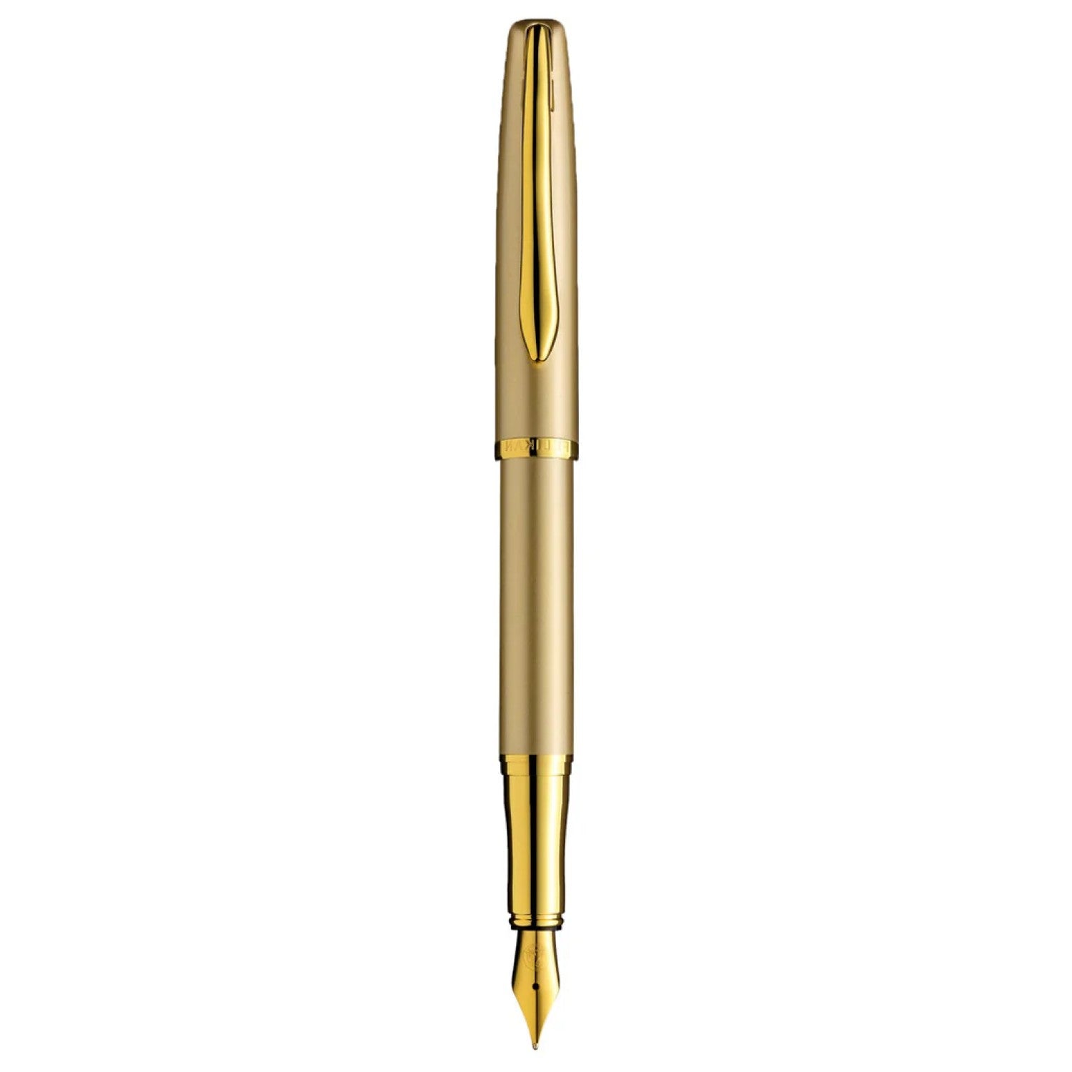 Pelikan Jazz Gold GT fountain pen with gold lacquer-coated body and polished trim, ideal for elegant handwriting.