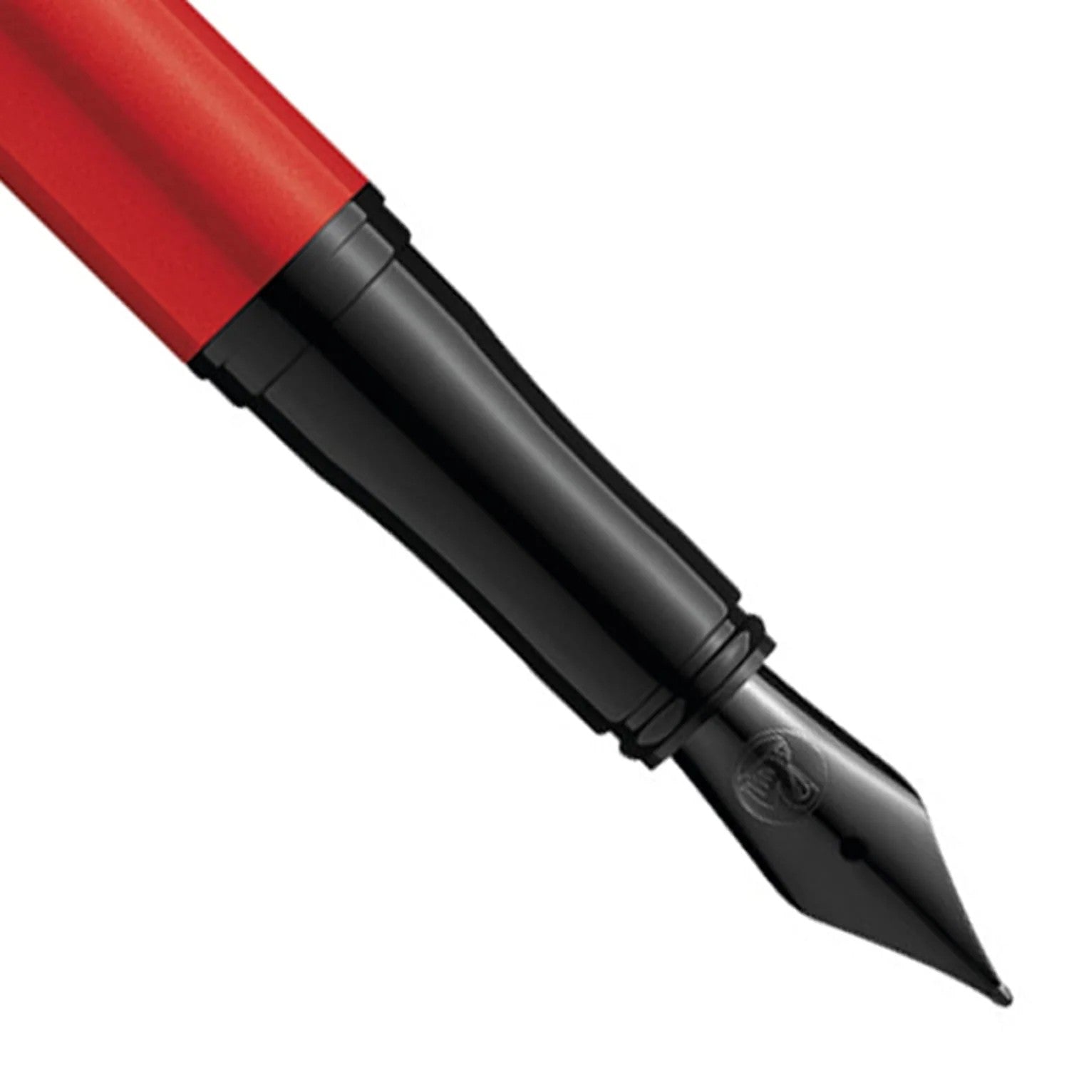 Close-up view of the nib of the Pelikan Jazz Red Fountain Pen with a sleek black grip and red barrel.