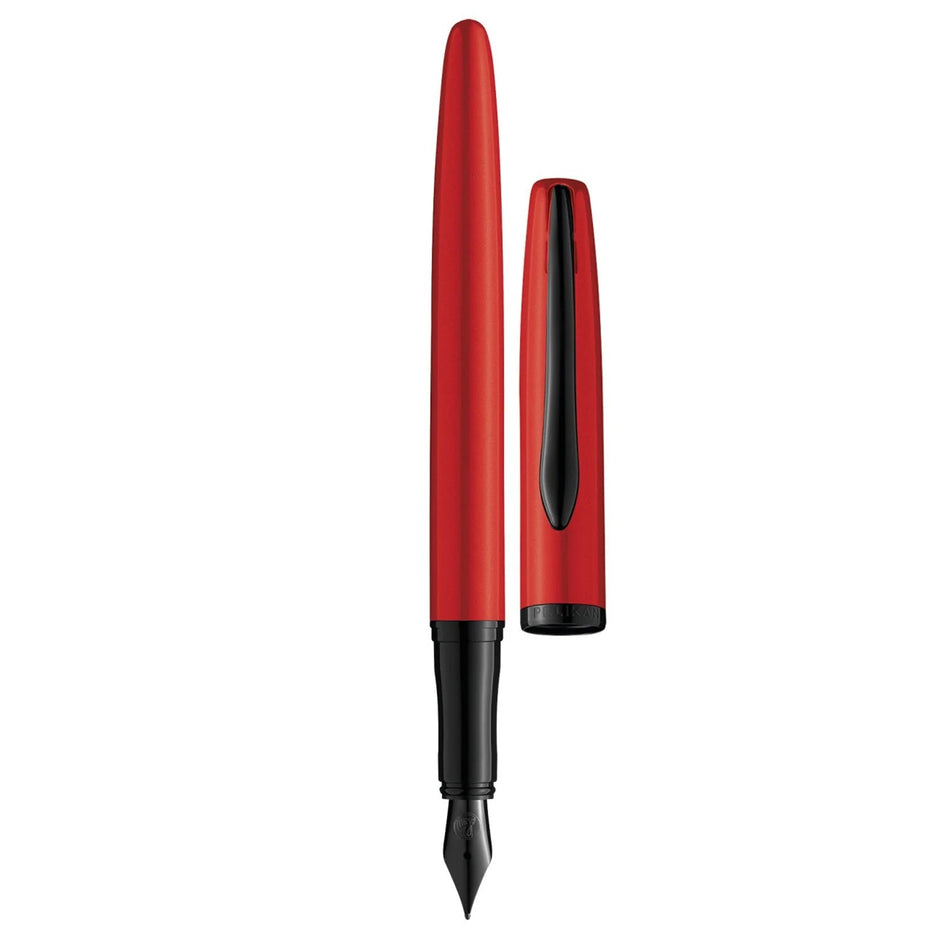 Pelikan Jazz Red Fountain Pen featuring a sleek pearl red lacquered barrel and black grip section.