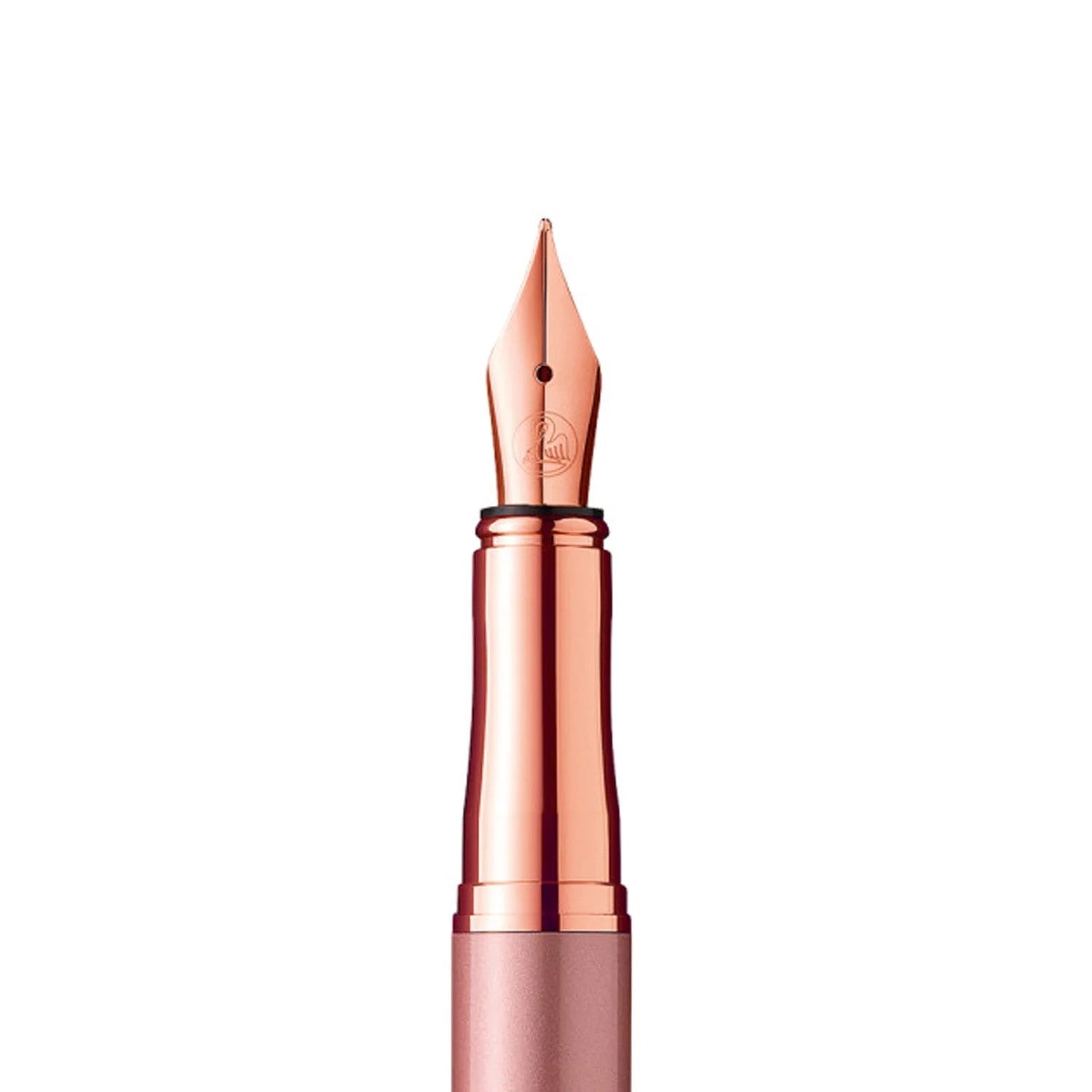 Close-up of the nib of a Pelikan rose gold fountain pen, showcasing its elegant design and polished finish.