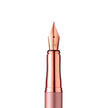 Close-up of the nib of a Pelikan rose gold fountain pen, showcasing its elegant design and polished finish.
