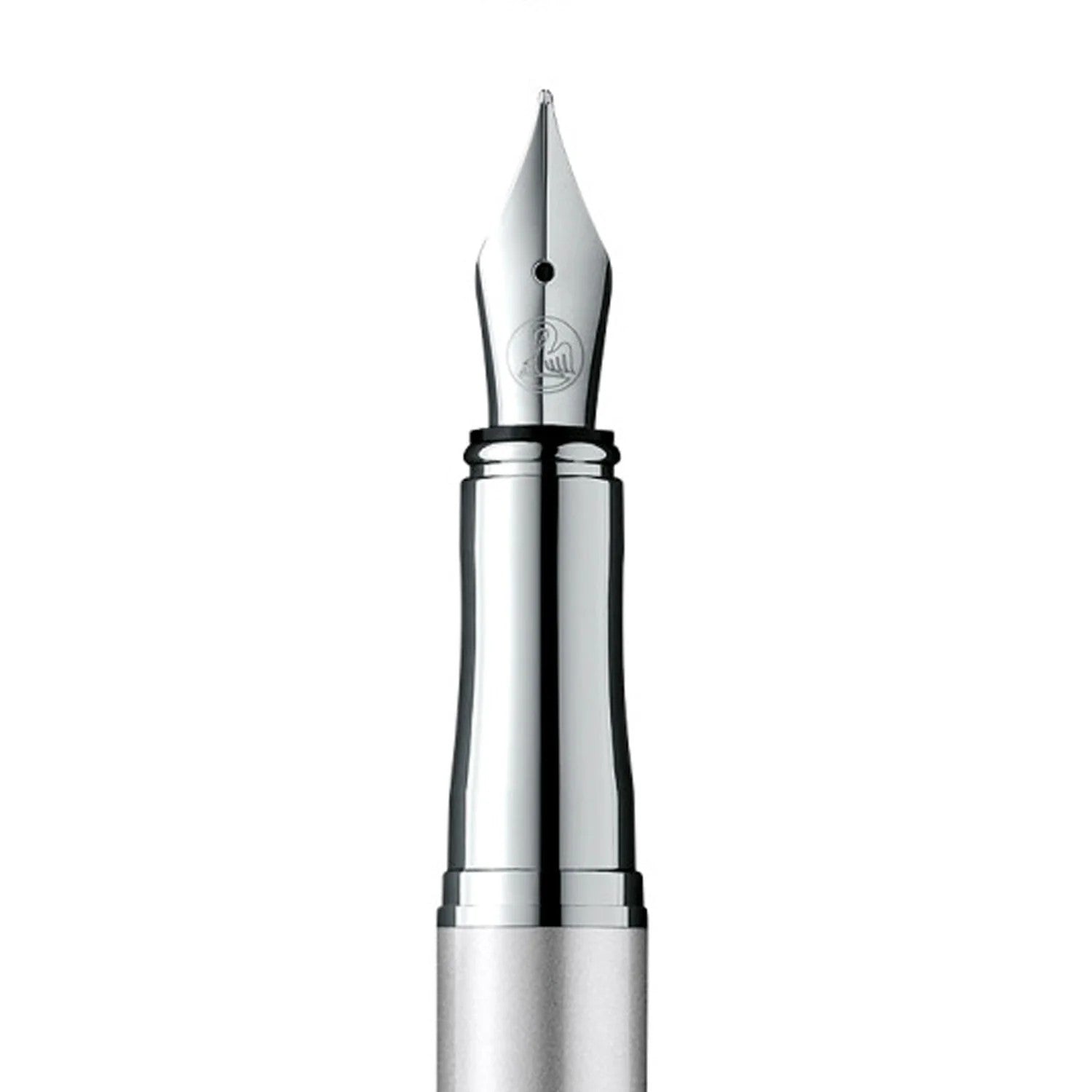 Close-up of the nib of a Pelikan Jazz Silver CT Fountain Pen, showcasing its polished chrome design.
