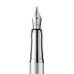 Close-up of the nib of a Pelikan Jazz Silver CT Fountain Pen, showcasing its polished chrome design.