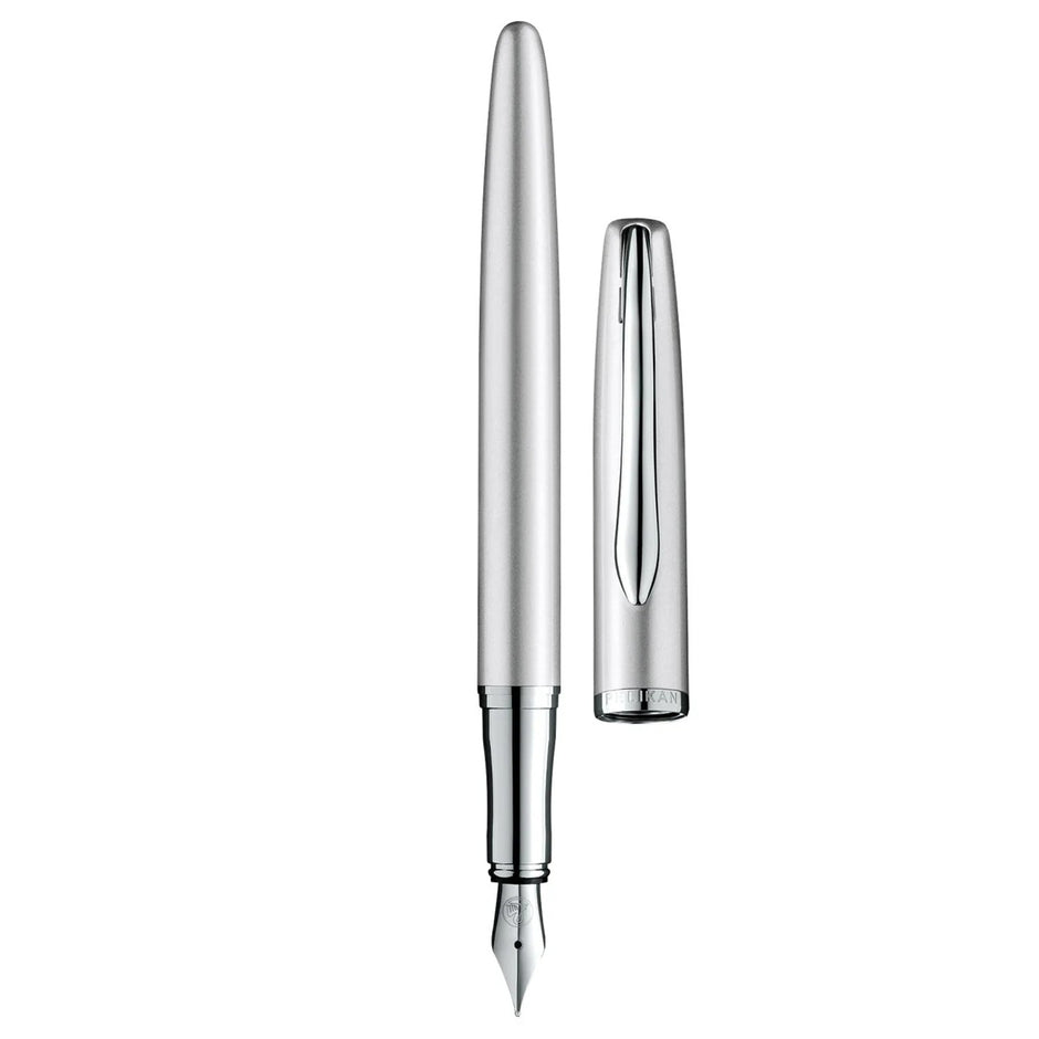 Pelikan Jazz Silver CT Fountain Pen with sleek silver design and polished chrome trim, displayed with cap off.