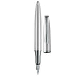 Pelikan Jazz Silver CT Fountain Pen with sleek silver design and polished chrome trim, displayed with cap off.