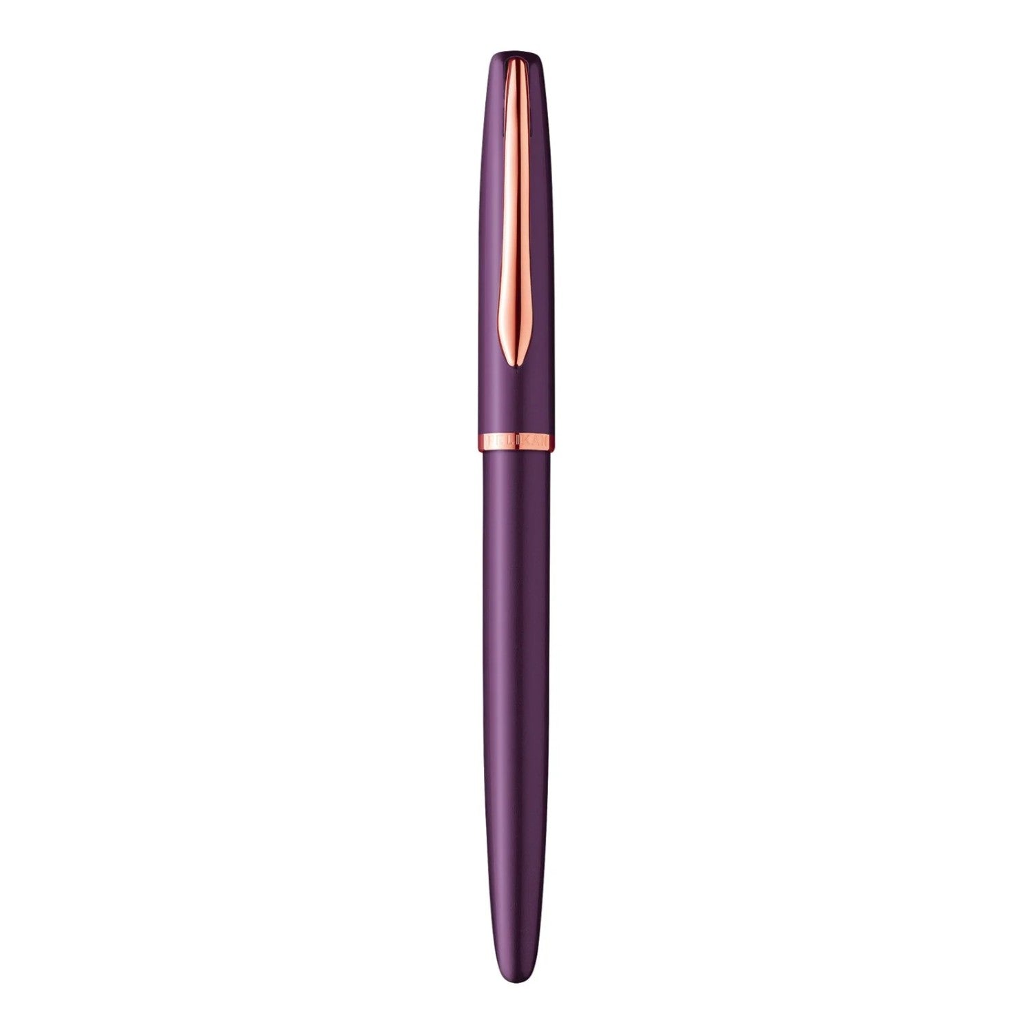 Pelikan Jazz Noble Elegance fountain pen in violet with rose gold accents and medium tip design.