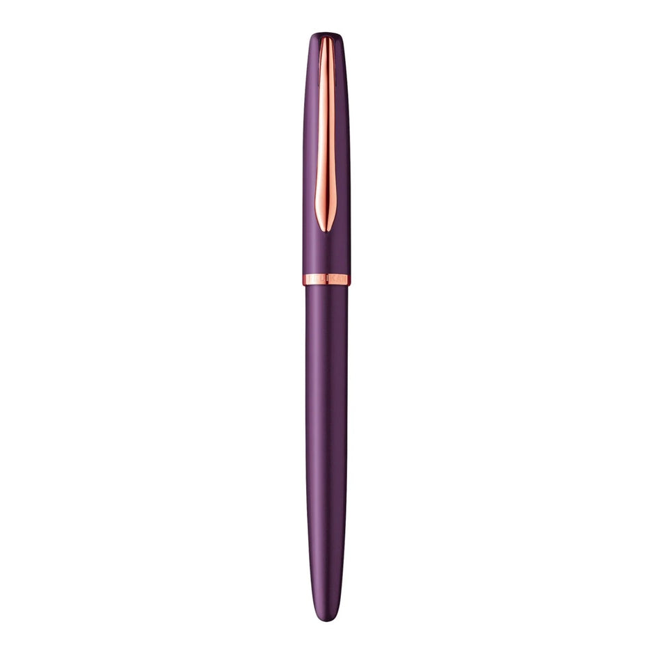Pelikan Jazz Noble Elegance fountain pen in violet with rose gold accents and medium tip design.