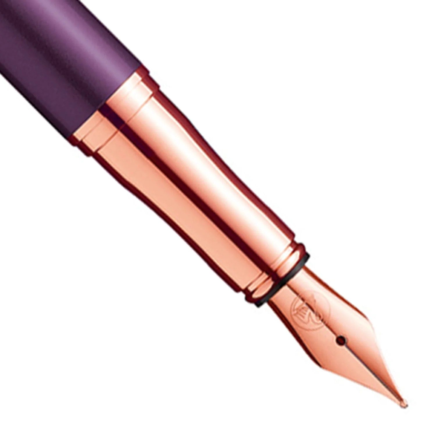 Pelikan Jazz Noble Elegance fountain pen close-up showing the rose gold nib and violet body design.