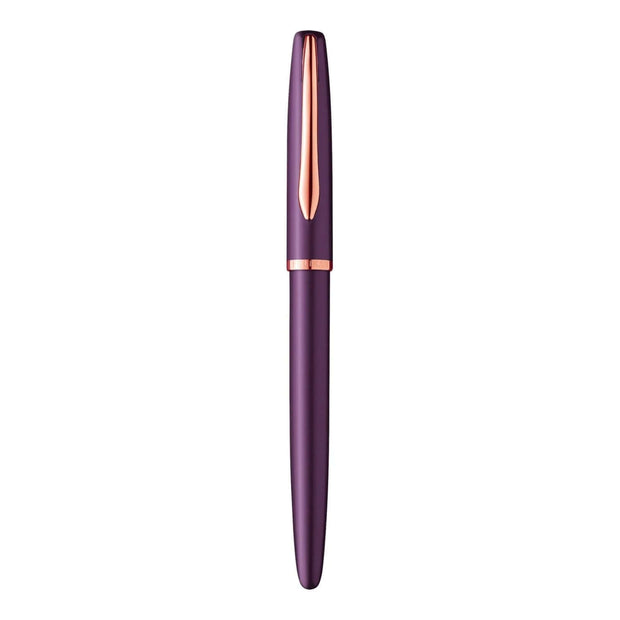 Pelikan Jazz Noble Elegance fountain pen in violet with rose gold accents and medium tip design.