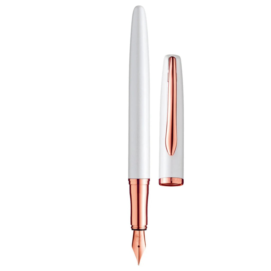 Pelikan Jazz Noble P36 Pearl White RGT, a premium pearl white fountain pen with rose gold accents.