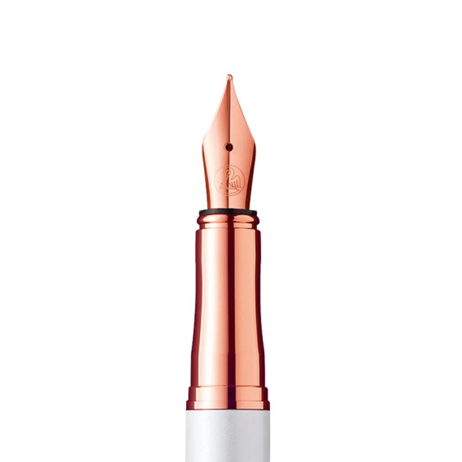 Premium pearl white fountain pen with rose gold plated nib, showcasing elegant design and craftsmanship.