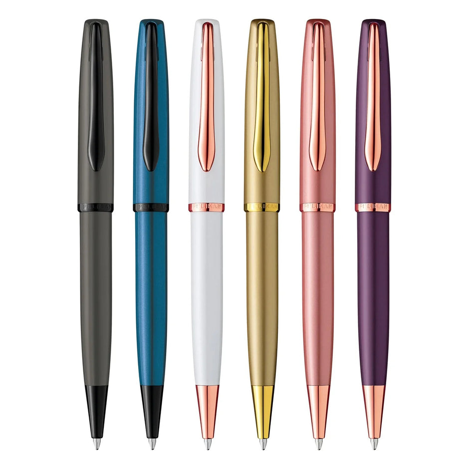 Pelikan Jazz Noble Elegance ballpoint pen collection featuring various colors and finishes.