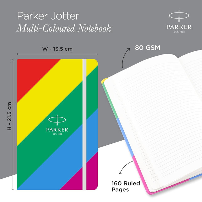 Parker Jotter Standard Ball Pen with A5 Notebook Set showcasing multi-coloured notebook with 160 ruled pages.