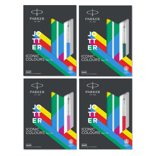 Parker Jotter Standard Ball Pen with A5 Notebook Set in a colorful gift packaging.