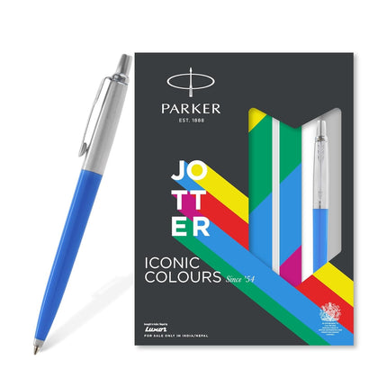 Parker Jotter Standard Ball Pen with A5 Notebook Set in packaging showcasing iconic colours.