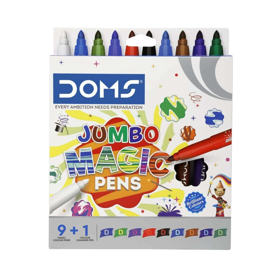 DOMS Jumbo Magic Pens 9+1 Shades set featuring vibrant color-changing markers for endless creativity.