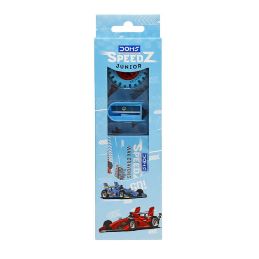 DOMS Junior Speedz Stationery Kit | Includes 1 Mini E-Racer Eraser, 1 Sharpener, 2 Speedz Pencils & 1 Pack of 12 Shades Wax Crayons