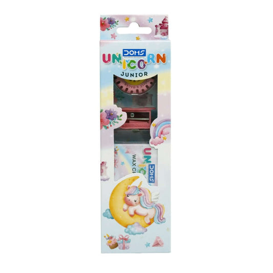 DOMS Junior Unicorn Stationery Kit | Includes 1 Mini E-Racer Eraser, 1 Sharpener, 2 Unicorn Pencils & 1 Pack of 12 Shades Wax Crayons