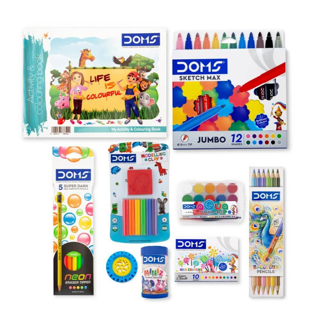 DOMS Junior Art Kit | Comes With Transparent Zipper Bag | Combination of 8 Stationery Items