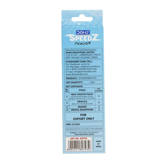 DOMS Junior Speedz Stationery Kit | Includes 1 Mini E-Racer Eraser, 1 Sharpener, 2 Speedz Pencils & 1 Pack of 12 Shades Wax Crayons
