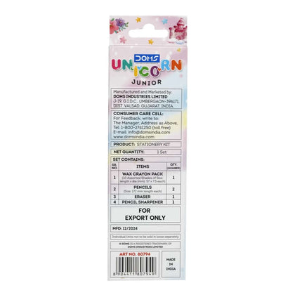 DOMS Junior Unicorn Stationery Kit | Includes 1 Mini E-Racer Eraser, 1 Sharpener, 2 Unicorn Pencils & 1 Pack of 12 Shades Wax Crayons