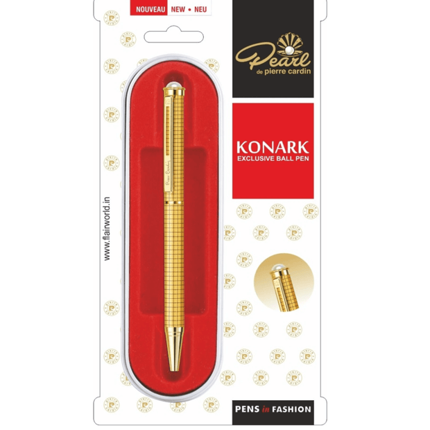 Pierre Cardin Pearl Konark Ball Pen in gold packaging, displayed for effortless writing and stylish look.