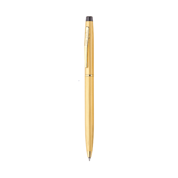 Pierre Cardin Kriss Satin Gold Ball Pen on a white background, showcasing its elegant design and ergonomic grip.