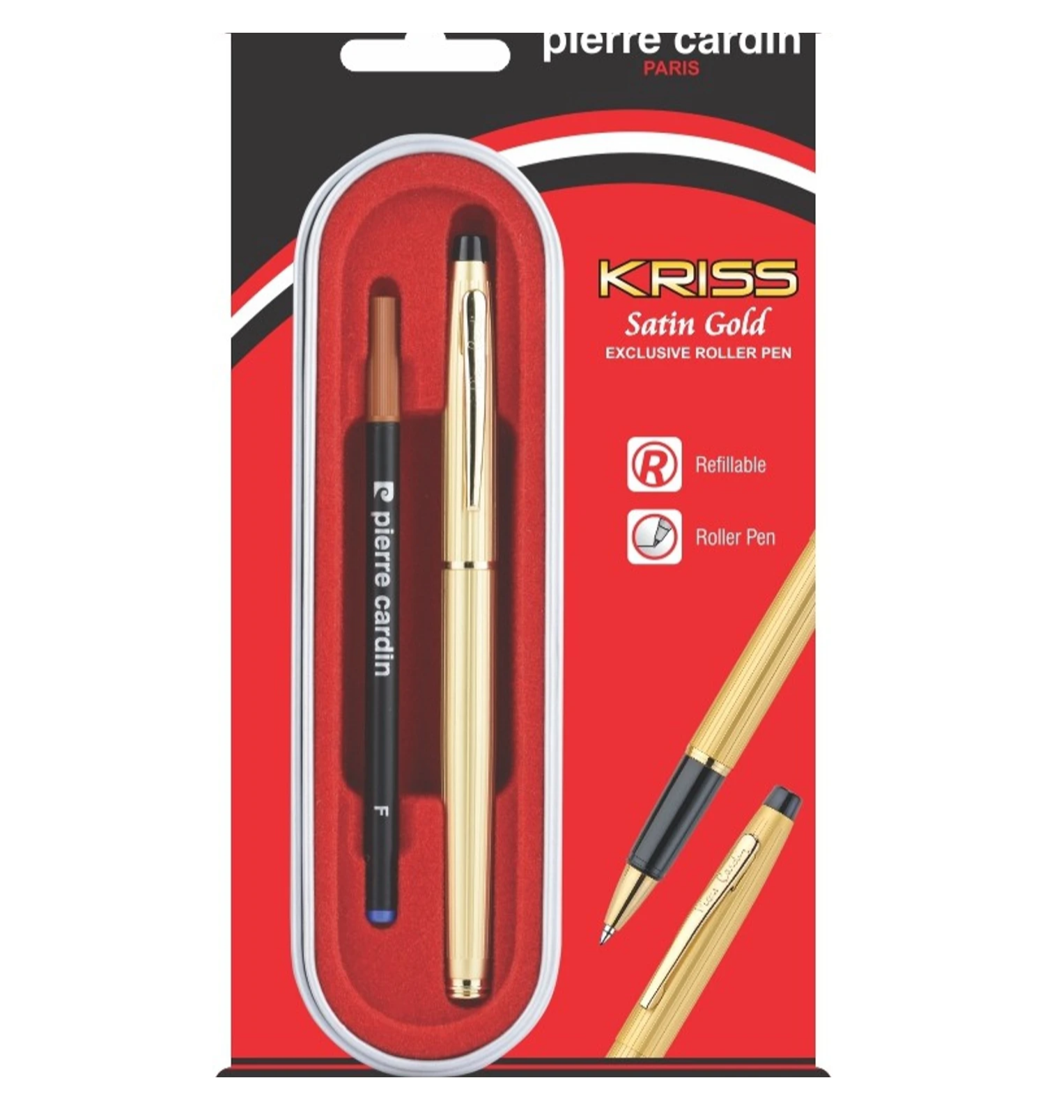 Pierre Cardin Kriss Satin Gold Roller Ball Pen | Ink Colour - Blue