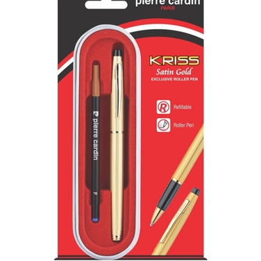 Pierre Cardin Kriss Satin Gold Roller Ball Pen | Ink Colour - Blue