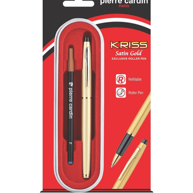 Pierre Cardin Kriss Satin Gold Roller Ball Pen in packaging with refillable blue ink pen.