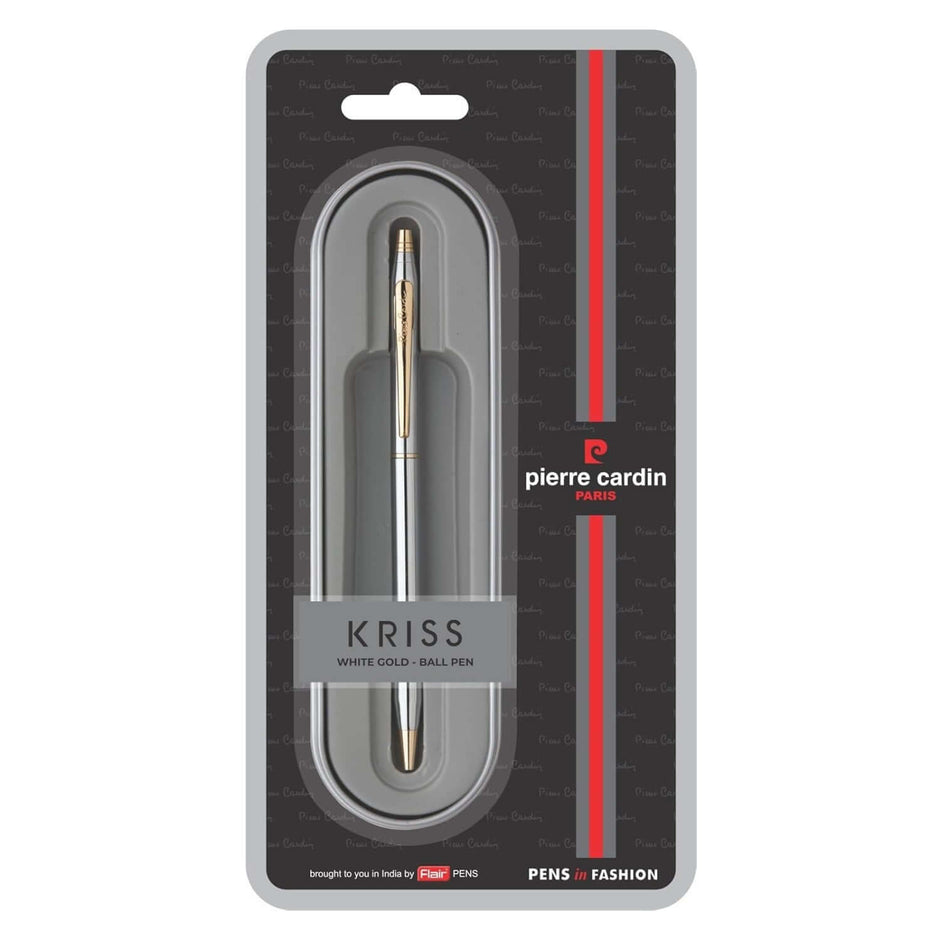 Pierre Cardin Kriss White Gold Ball Pen | Ink Colour - Blue in elegant packaging with stylish design