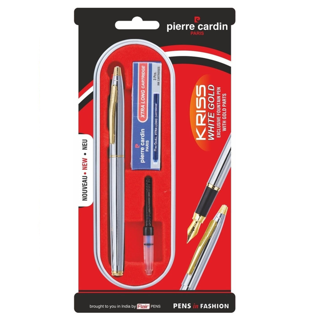 Pierre Cardin Kriss White Gold Fountain Pen | Includes Converter and 3 Cartridges