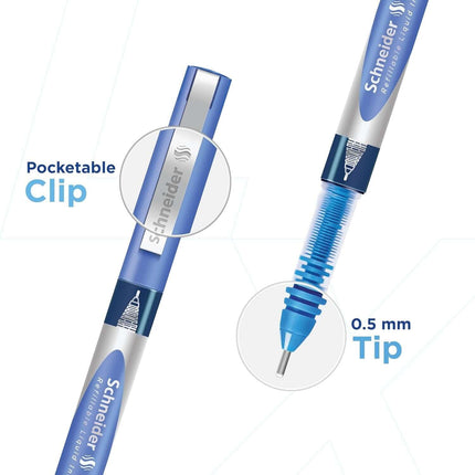 Luxor Schneider LX-MAX Roller Ball Pen | Pack of 4 | Ink Colour - Blue and Black close-up of pocketable clip and 0.5mm tip