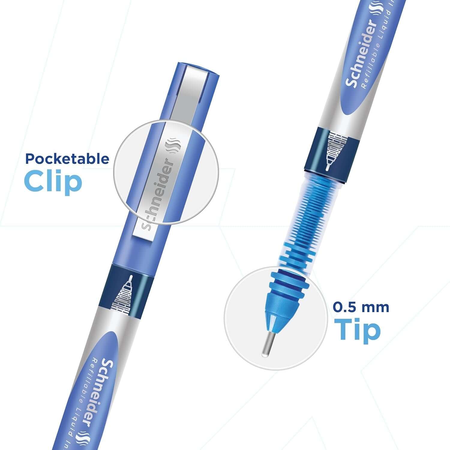Luxor Schneider LX-MAX Roller Ball Pen | Pack of 4 | Ink Colour - Blue and Black close-up of pocketable clip and 0.5mm tip