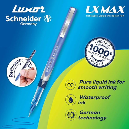 Luxor Schneider LX-MAX Roller Ball Pen | Pack of 4 | Ink Colour - Blue and Black with features like smooth writing and waterproof ink.