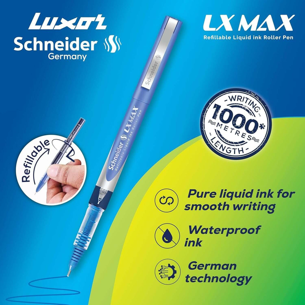 Luxor Schneider LX-MAX Roller Ball Pen | Pack of 4 | Ink Colour - Blue and Black with features like smooth writing and waterproof ink.