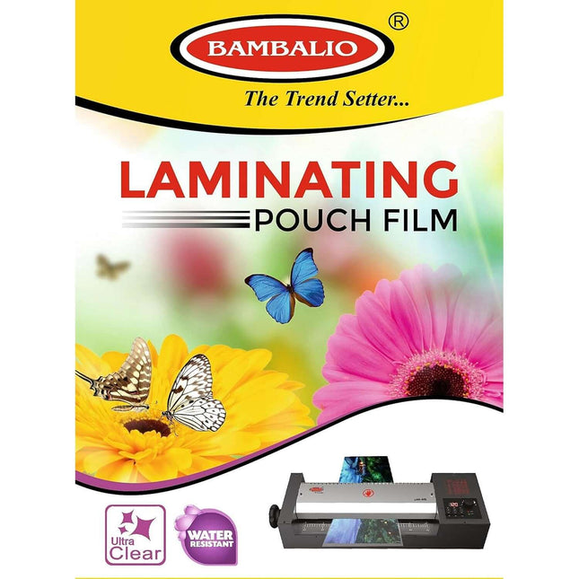 Bambalio Laminating Pouch 65 x 95 mm | 250 Microns | 100 Sheets | LAM-625 packaging featuring vibrant flowers and a laminator.