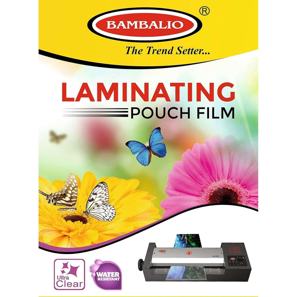 Bambalio Laminating Pouch 65 x 95 mm | 250 Microns | 100 Sheets | LAM-625 packaging featuring vibrant flowers and a laminator.
