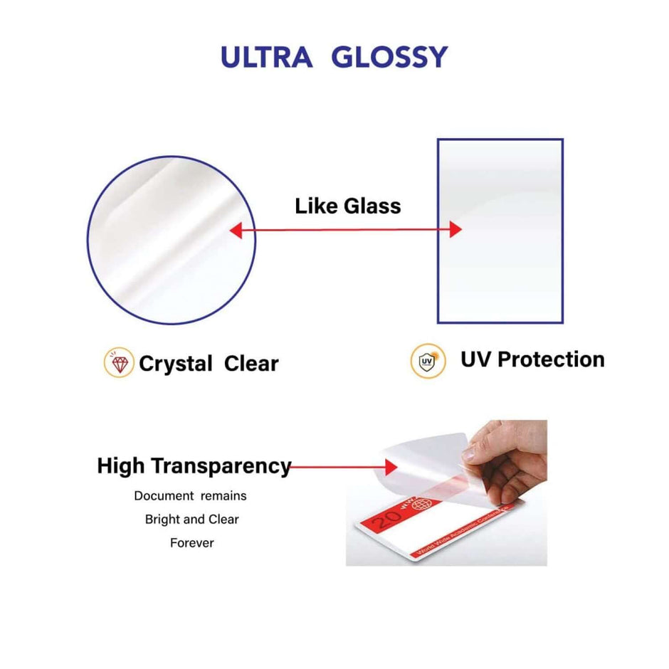 Ultra glossy laminating pouch features crystal clear finish with UV protection and high transparency to keep documents bright.