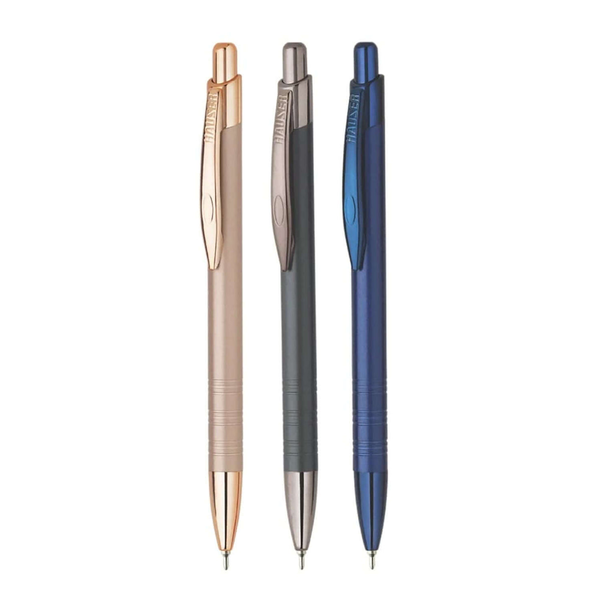 Hauser Lunar Ball Pen | Ink Colour - Blue set of three pens showcasing metal body design and smooth blue ink option