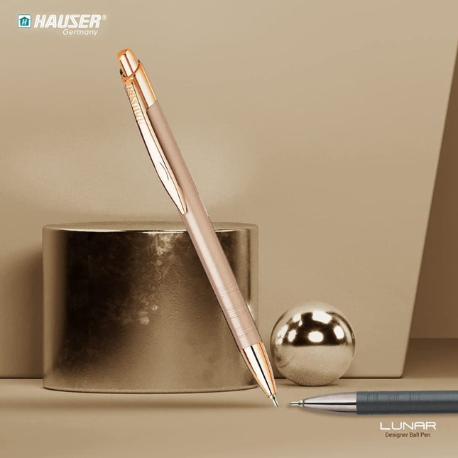 Hauser Lunar Ball Pen | Ink Colour - Blue on a stylish background with metallic elements.