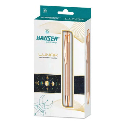 Hauser Lunar Ball Pen | Ink Colour - Blue in an elegant packaging showcasing its metal body.
